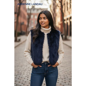 ADRIENNE LANDAU Navy Rabbit Fur Vest L